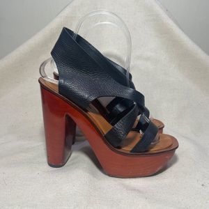 Charles Jourdan Varnished Wooden Sole Open Toe Strappy Platform Heels Size 7